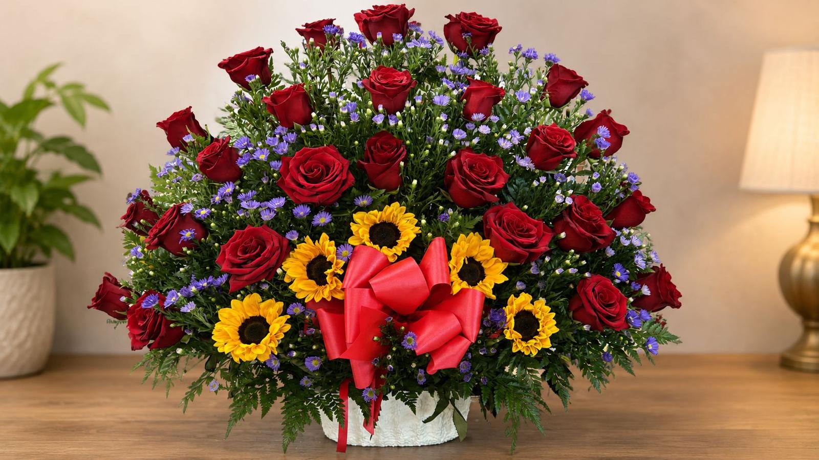 Arreglo floral de rosas, girasoles y violetas en canasta
