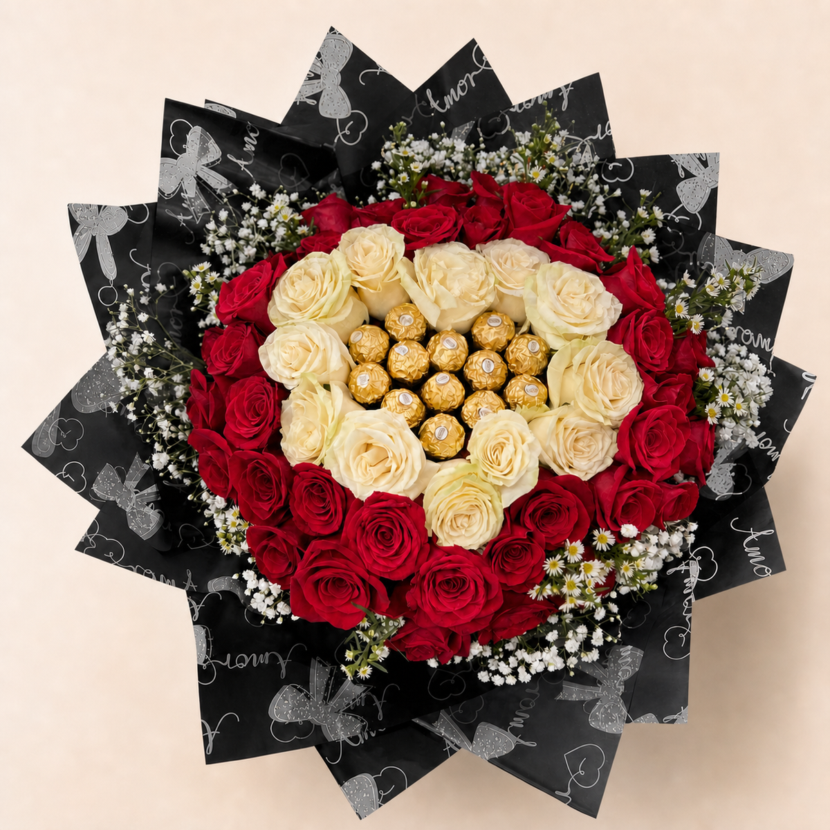 Ramo de Rosas Rojas y Blancas con Chocolates